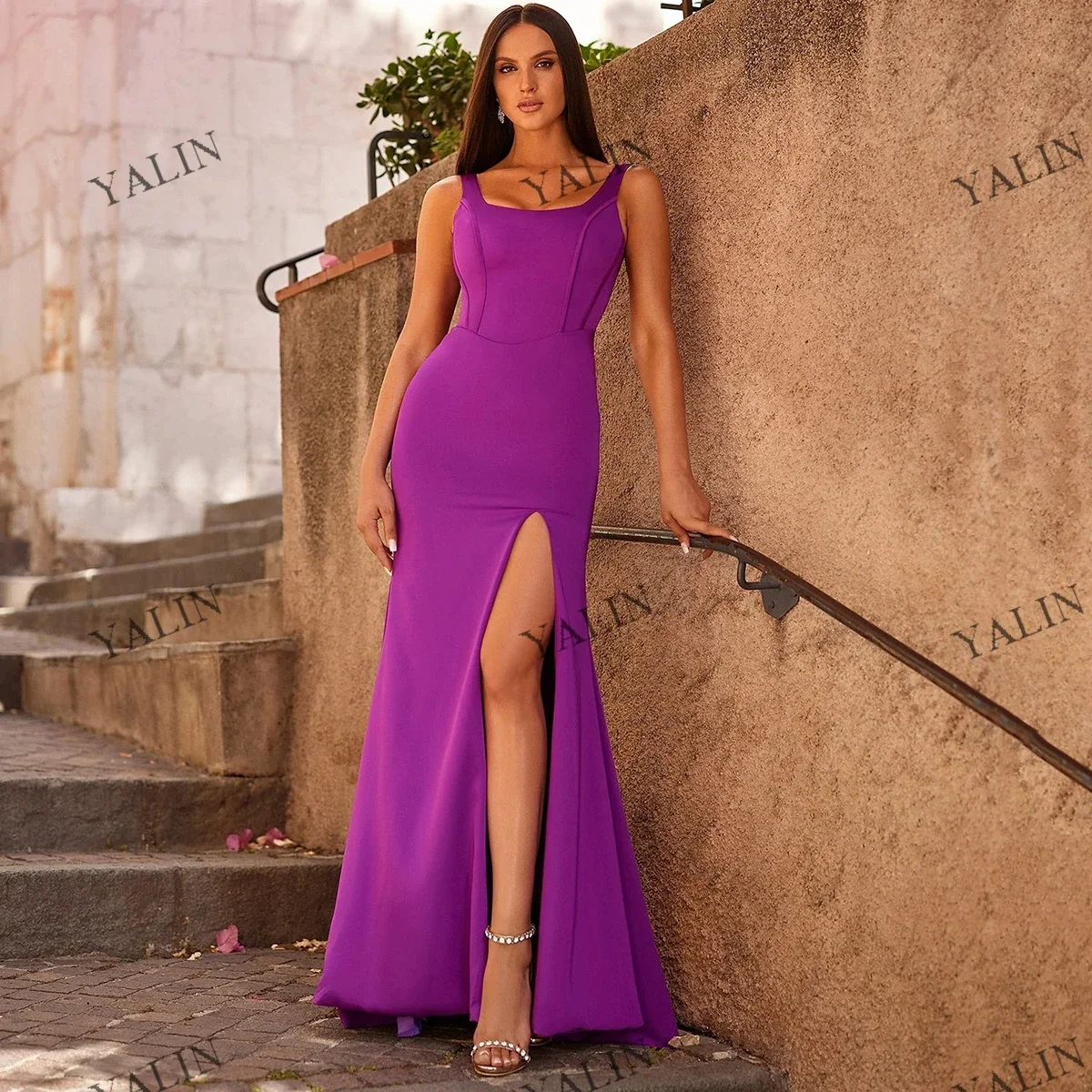 

YALIN Formal Square Collar Neck Cocktail Party Dresses Sheath High Slit Prom Dress Floor Length Backless Purple Evening Gown