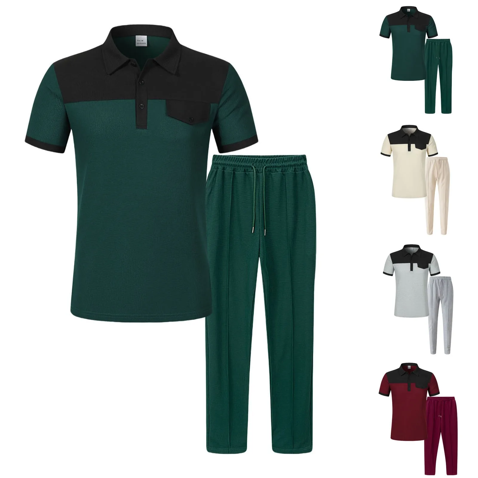 الرجال الدعاوى سليم صالح رجالي اللون وكتلة بألواح التلبيب الصدر جيب زرر قصيرة الأكمام بنطلون مجموعة رجل الرسام البدلة #2