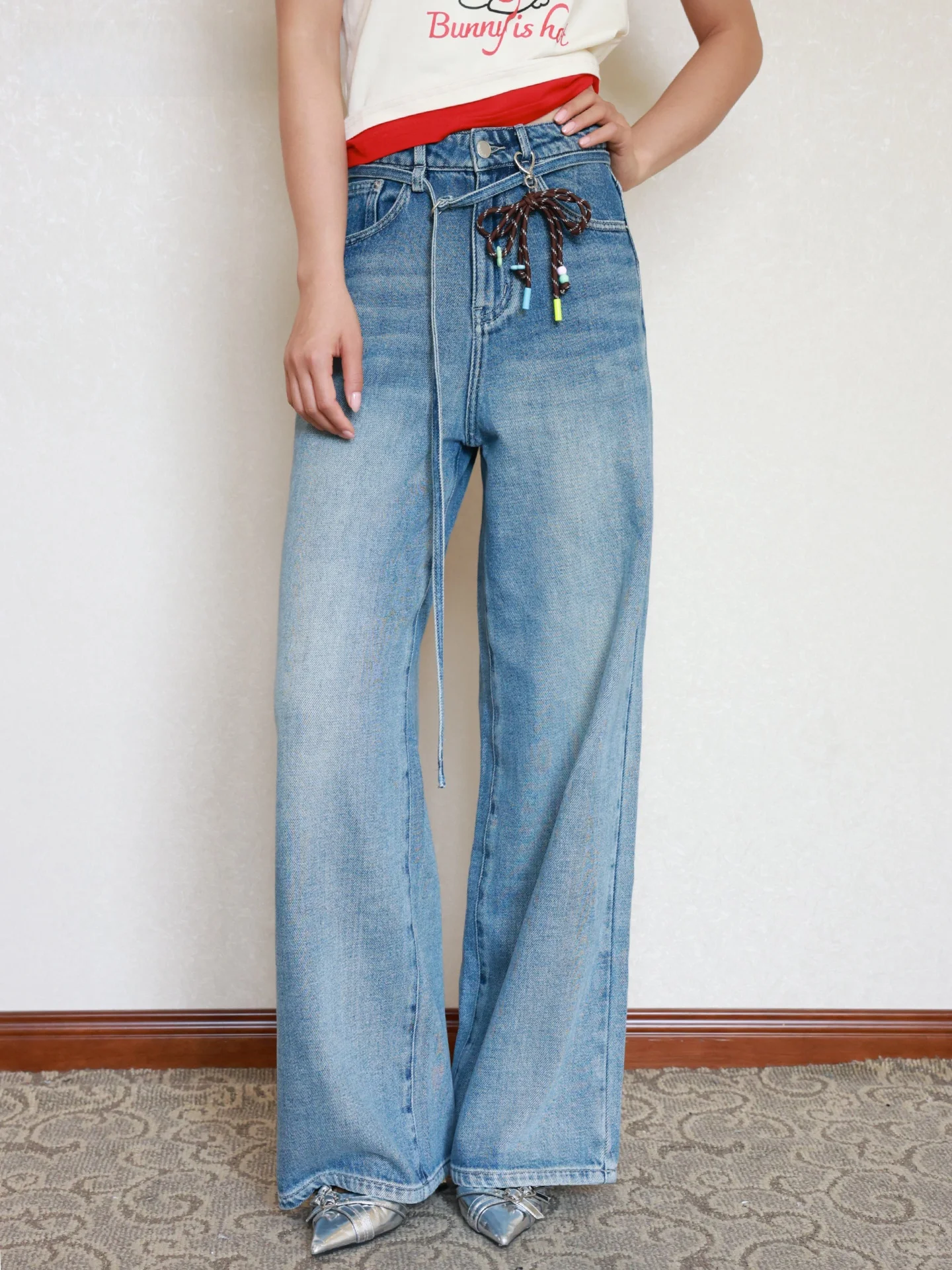 

FONS32 Women's Loose Straight Leg Jeans Wide Leg Pants Casual Long Trousers American Sle Slimming Denim Blue l Waist