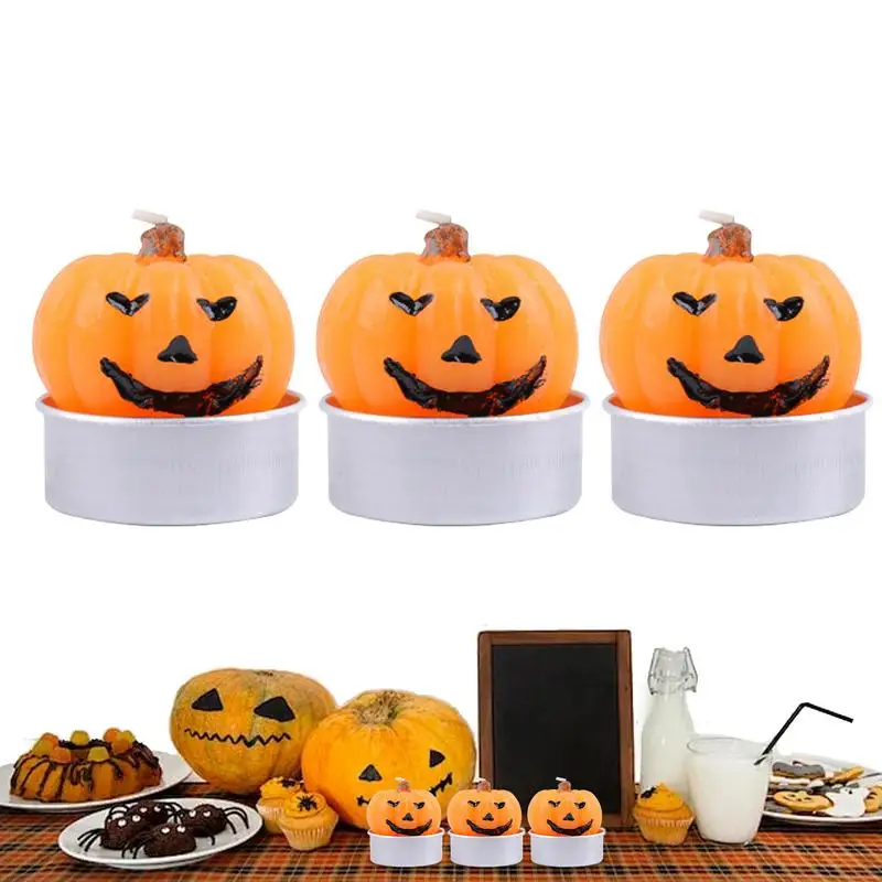 Horror Candle 3pcs Pumpkin Skull Candle Tea Lights Decorative Tabletop Candle Set Graveyard Candle Party Supplies Halloween