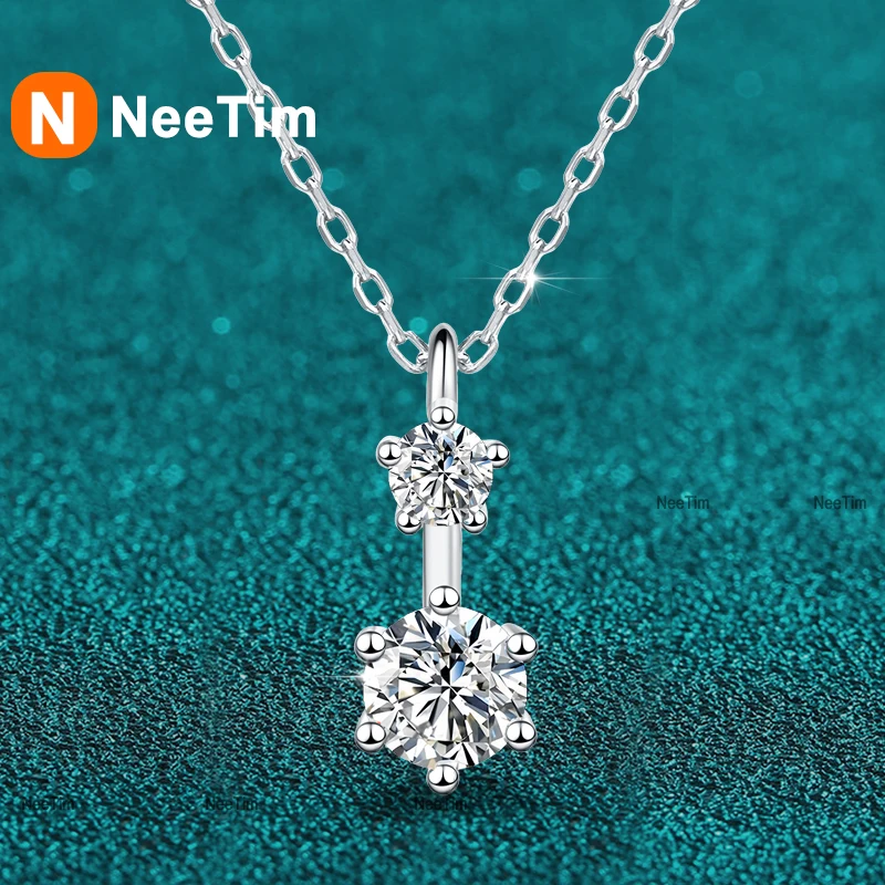 

NeeTim Full Moissanite Pendant Necklace Original 925 Sterling Sliver Chain Plated with White Gold Fine Necklace for Women