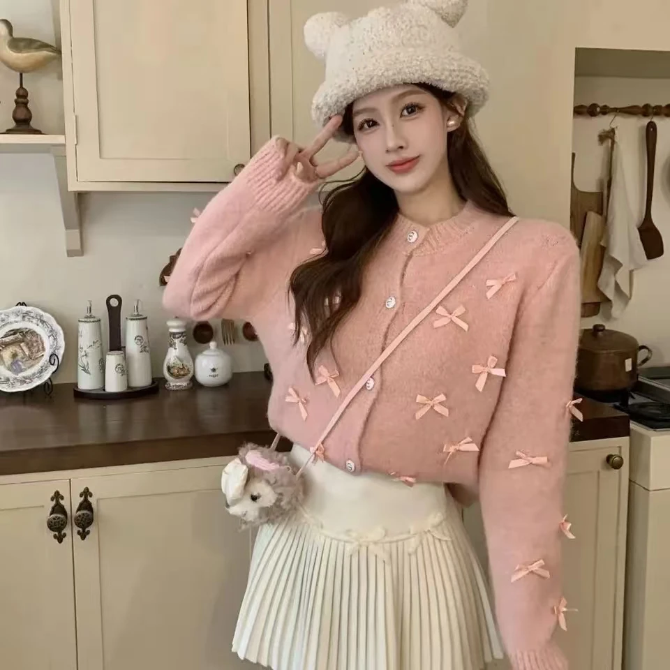 High-end Bow Knitted Cardigan Grey Black Red Pink Jumper Autumn/Winter Coat Women Clothing Trend Soft Sweaters Tops Short Jacket