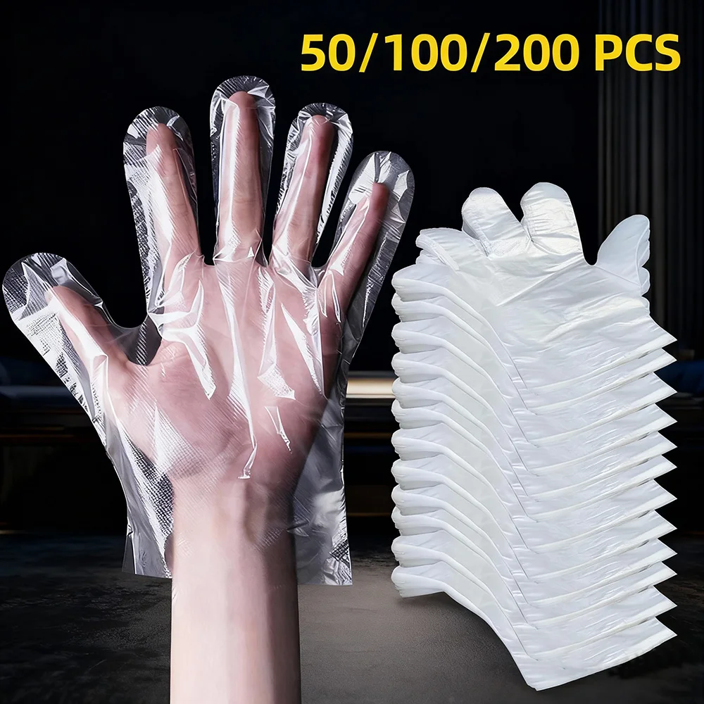Guantes desechables de PE de calidad alimentaria, guantes de plástico transparentes para cocinar, cocina, restaurante, limpieza del hogar, alimentos seguros, 50/200 Uds.