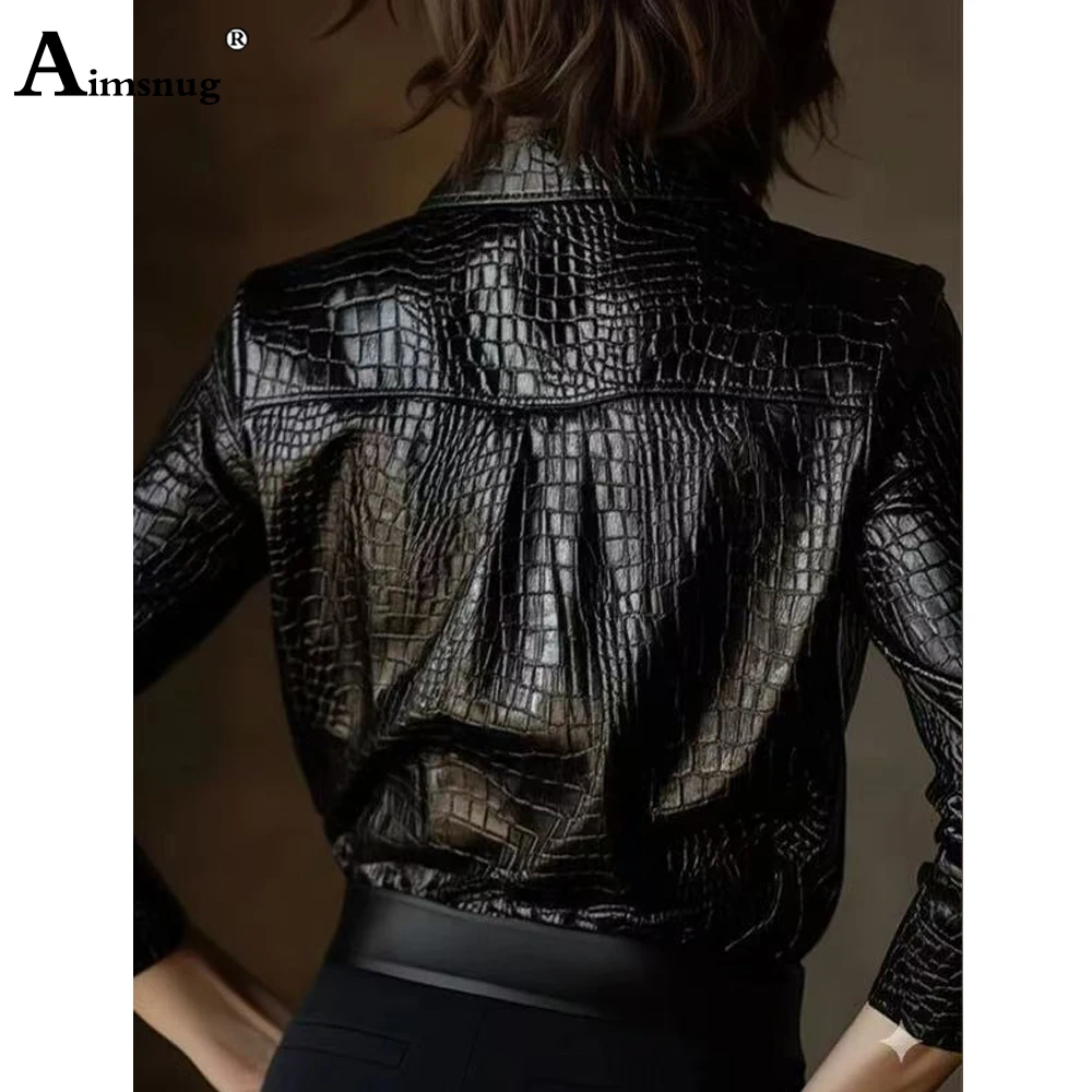 Estilo europeu 2025 moda feminina camisas de couro do plutônio manga longa pele de cobra impressão blusa senhoras turn-down colarinho topos blusas femmes