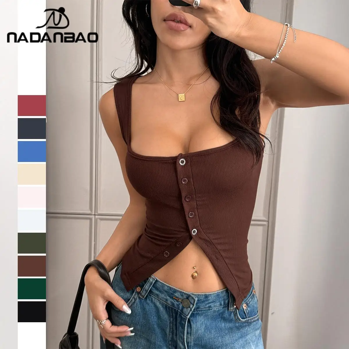 

Nadanbao 2025 Summer Women Y2K Crop Top Spicy Girl Strap Button Sleeveless Vest Brown White Sleeveless Shirt Sexy Streetwear