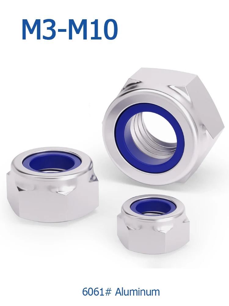 6061 # Aluminium 5 pièces/lot M3 M4 M5 M6 M8 M10 avec anneau en Nylon écrous hexagonaux autobloquants écrou de blocage DIN985