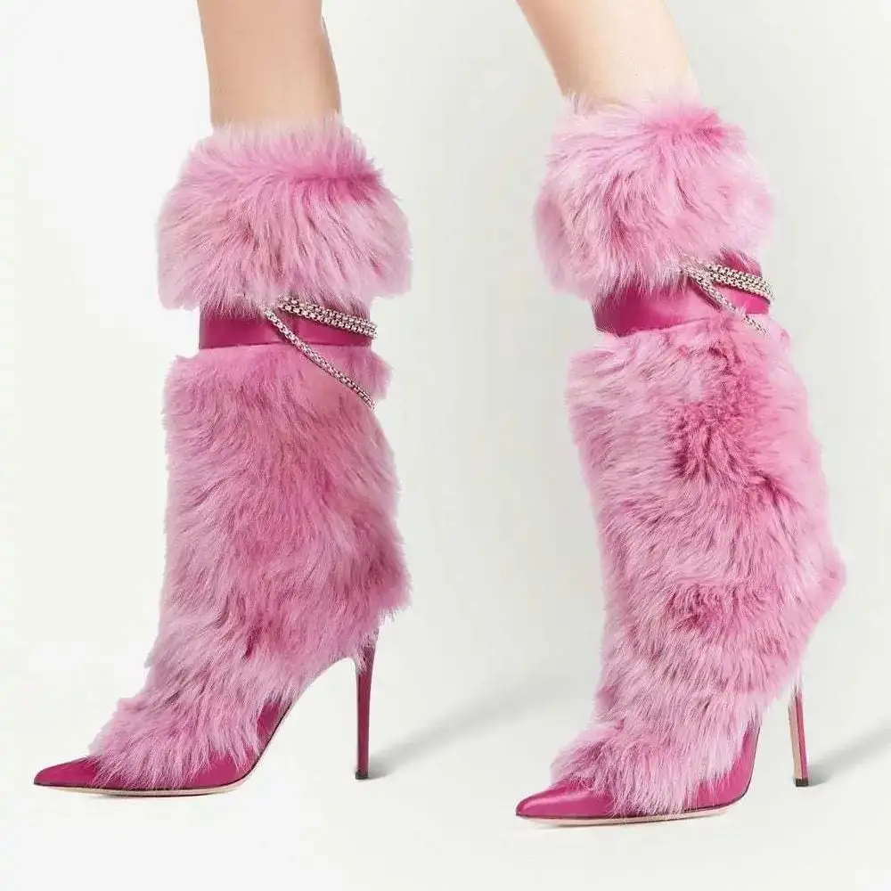 

Fur Plush Warm Botas De Invierno Para Mujer Pointed Toe Chains Furry Boots For Women Stiletto High Heels Hot Girls Rock Streets