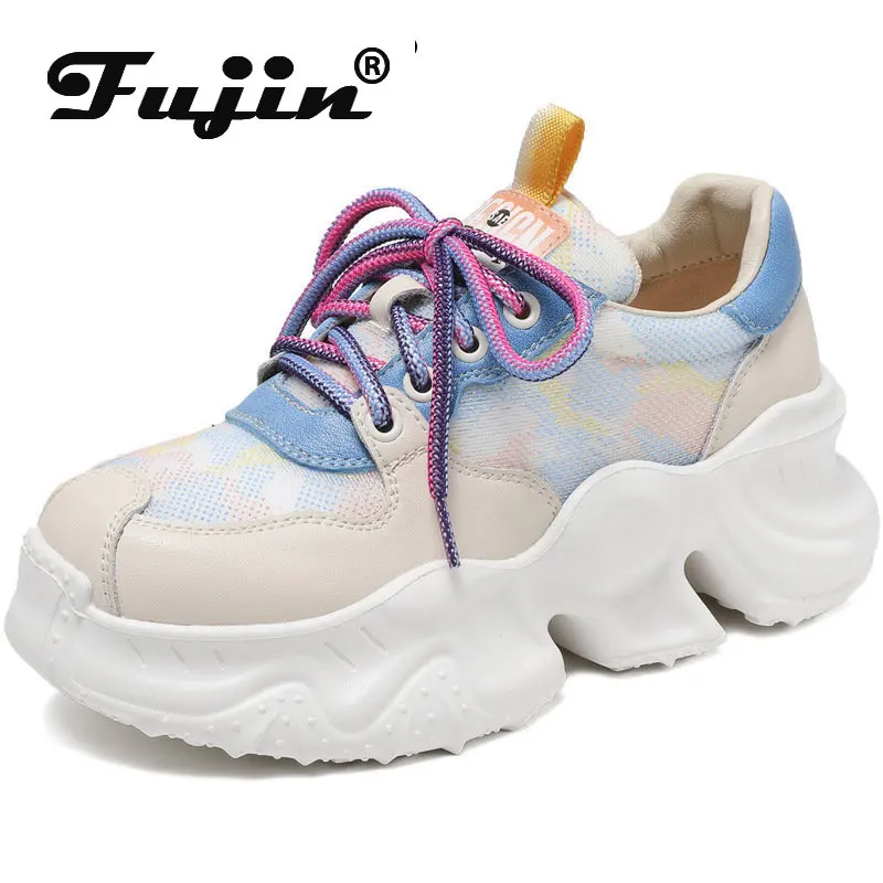

Fujin 6.5cm New Air Mesh Genuine Leather Chunky Sneakers Platform Wedge for Women Casual Shoes Breathable Summer Fashion Ladies