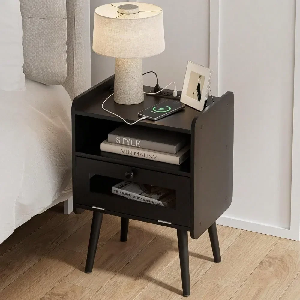 

Nightstand with Charging Station,Mid-Century Modern Bedside Table with Storage Drawer and Open Wood Shelf