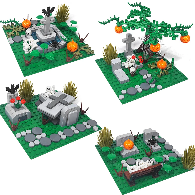 Halloween MOC Cemetery Scene Building Blocks Ghost Tombstone Corpses Bones Coffin Bricks Toys Decoration Compatible With LEGO