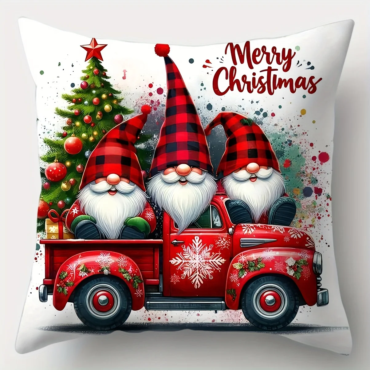 1pcs Christmas Throw Pillow Covers, Gnome and Truck Print, Seasonal Holiday Cushions 18