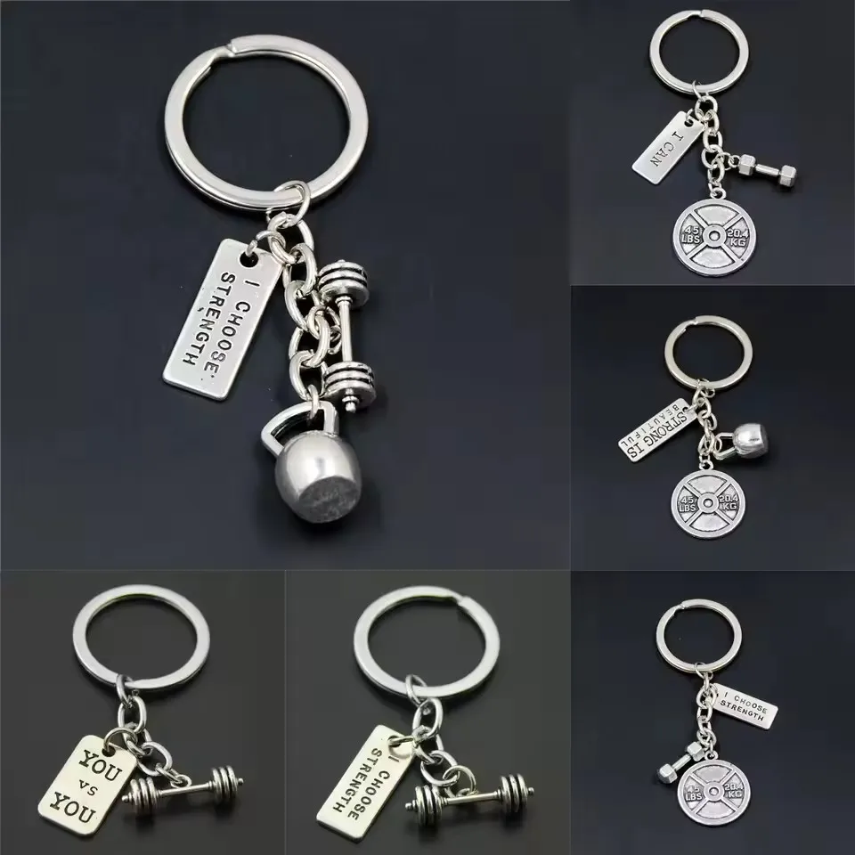 Fuerza llavero deportivo barra mancuerna encanto peso Fitness con palabras gimnasio Crossfit llavero collar joyería regalos para hombre