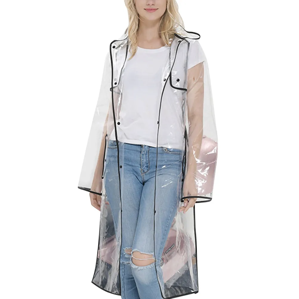 

Черный женский прозрачный плащ-дождевик с капюшоном, средней длины, легкий, водонепроницаемый, ветрозащитный, для активного отдыха и велоспорта