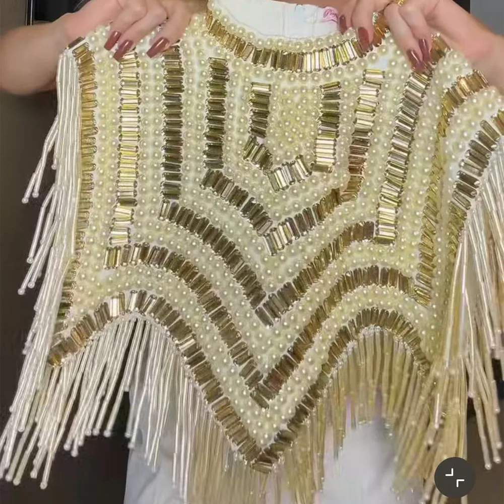 Women Beaded Tassel Cape Top High Neck Sleeveless Shawl Handmade Sequins Beads Fringe Poncho Evening Party Prom Wedding Shoulder