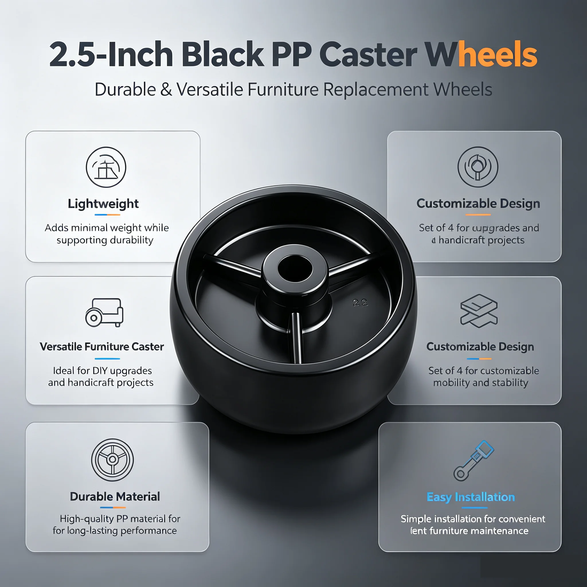 4Pcs 2.5 Inch Black PP Furniture Wheels Single Replacement Durable PP Material for DIY Upgrade Handicraft