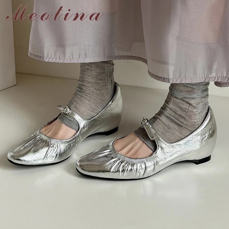 

Женские туфли Meotina из натуральной кожи, туфли Мэри Джейн на танкетке с круглым носком, на среднем каблуке, с пряжкой, модные женские туфли весна-осень