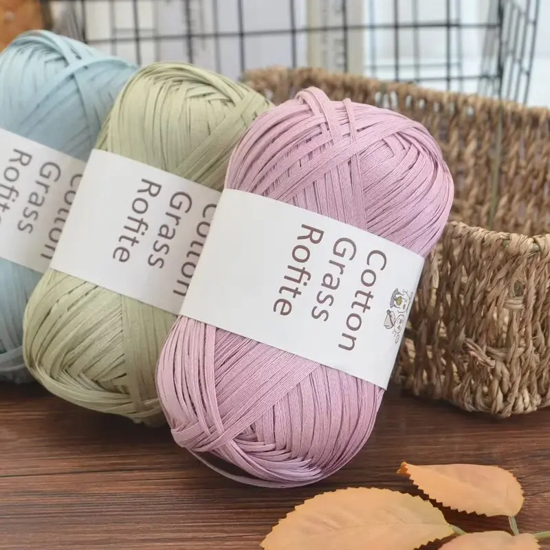 New Multicolour Raffia Cotton Grass Yarn Flat Ribbon Crochet Thread For Summer Hat Handbag Basket DIY Hand Knitting Supplies