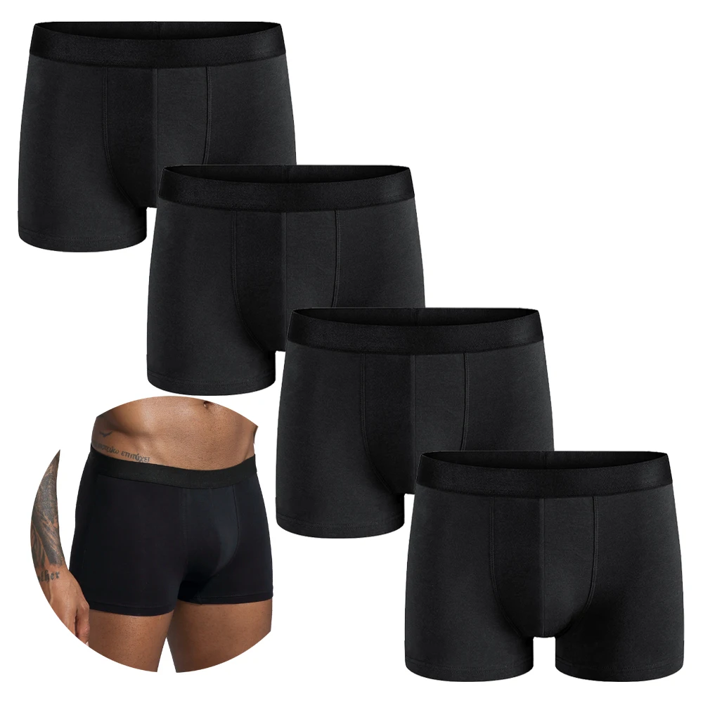 4pcs 2025 Men's Underwear Black Mid Waist Elastic Waistband Comfortable Soft  Boxer Shorts Casual Home Sports Fitness Underpants