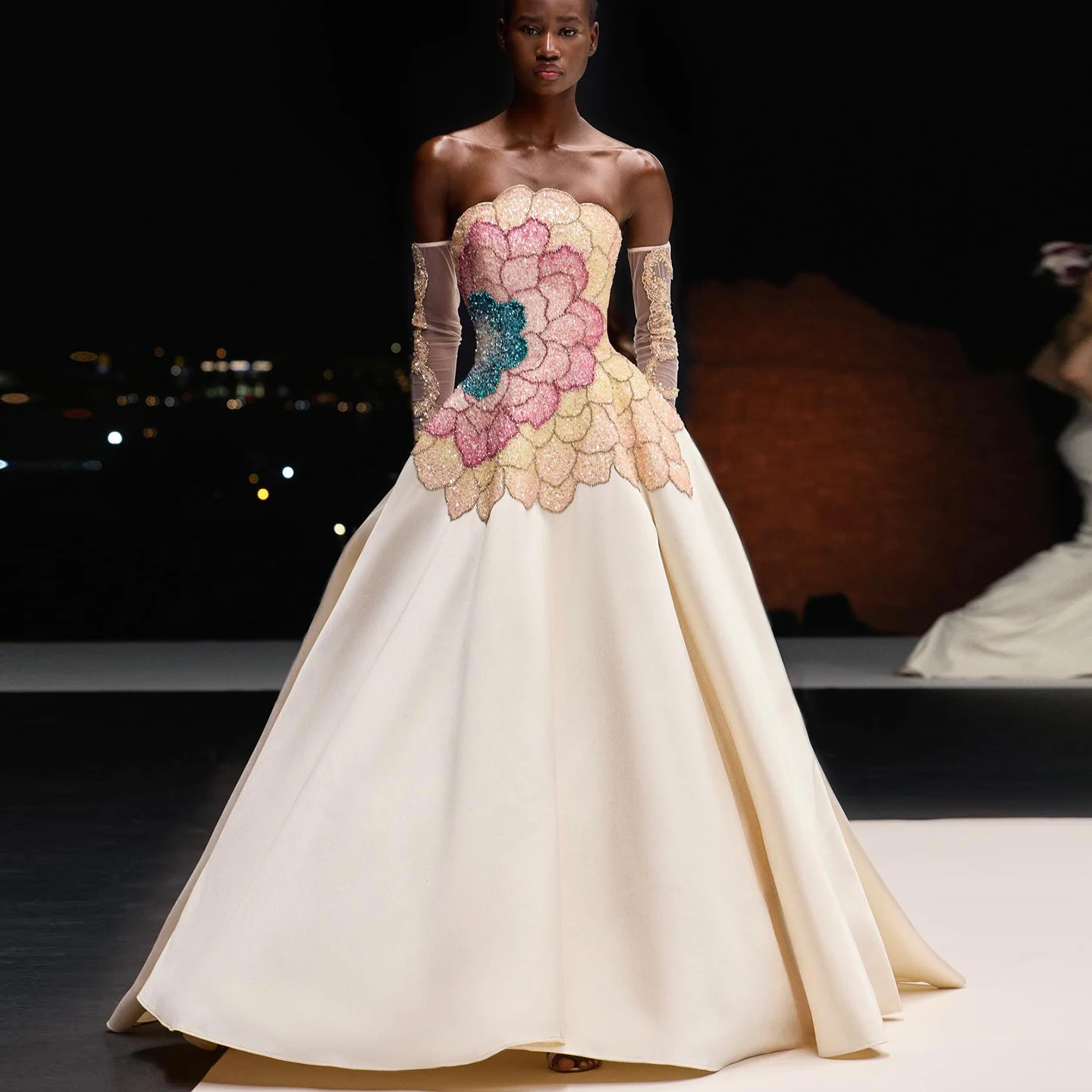 Sharon Said Luxury Strapless Dubai Evening Dress with Gloves Elegant Beige Satin Long Women Wedding Party Gowns SS513 Customized