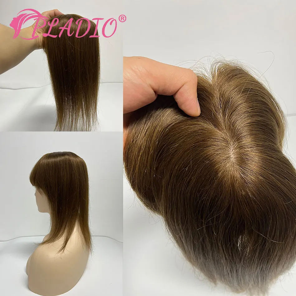 PLADIO 13*12cm 8" 10" 12" 14" Topper Hair Piece with Bangs 100% Real Remy Human Hair Topper for Women With Thin Hair