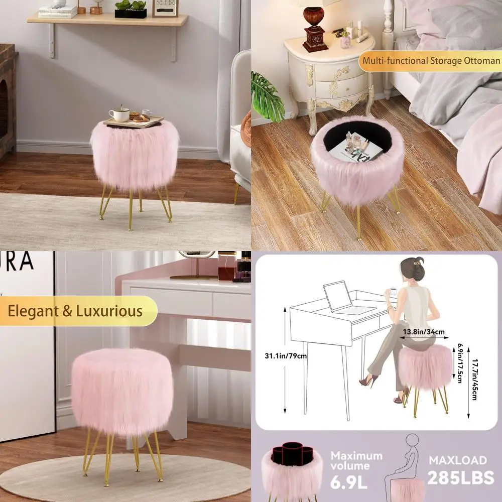 

Мягкий туалетный столик с местом для хранения вещей, сиденье для макияжа, круглый вращающийся табурет, 4 металлические ножки, регулируемая высота, розовый