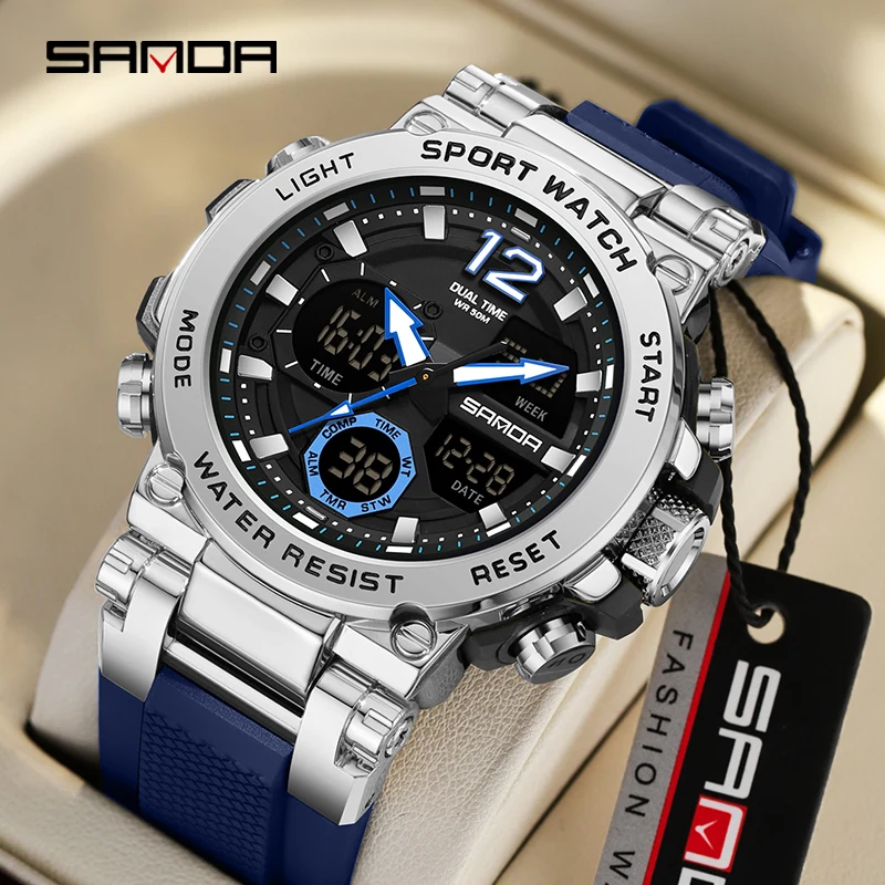 2024 Fashion Sanda 6178 Top Brand New Men's Big Dail Sport Quartz Electronic Cool Multi Functional Waterproof Steel Band Watches