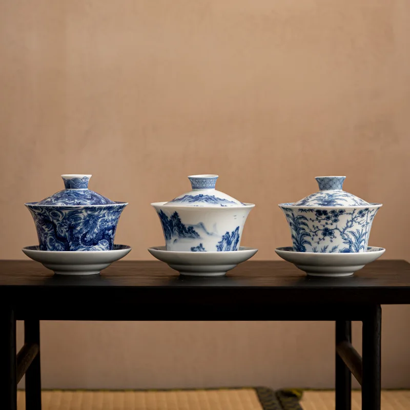 Antique Teaware with Blue and White Gaiwan, Vintage Dargon Cup, Saucer Tea Tureen, Chinese Tea Maker Cover, 300ml Tea Bowl Cups