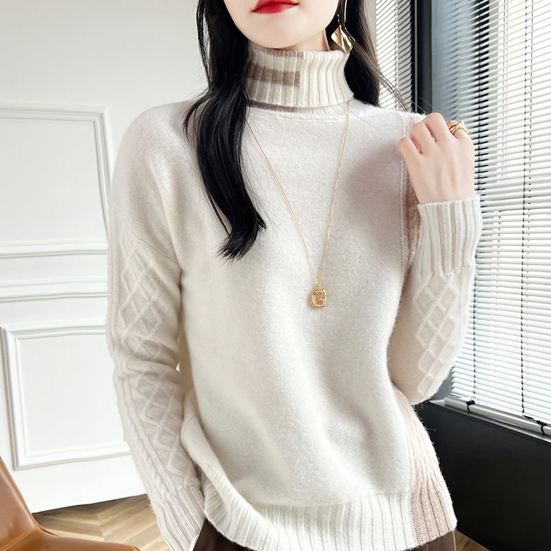 autumn and winter 24 new 100 pure wool knitted women\'s high neck pullover sweater for warmth, color blocked full sleeved sweater