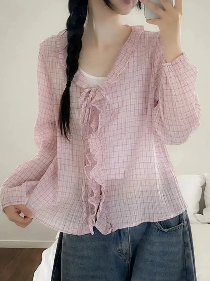 

Retro Sweet Wooden Long Sve irt Women's Design Sense Faionable Belted Youthful irt Ele Top