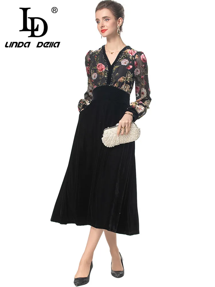 LD LINDA DELLA Women\'s Fashion Commuter Dress Long Sleeved High waist Beading Slim V-neck Floral-Print S-4XL Dresses