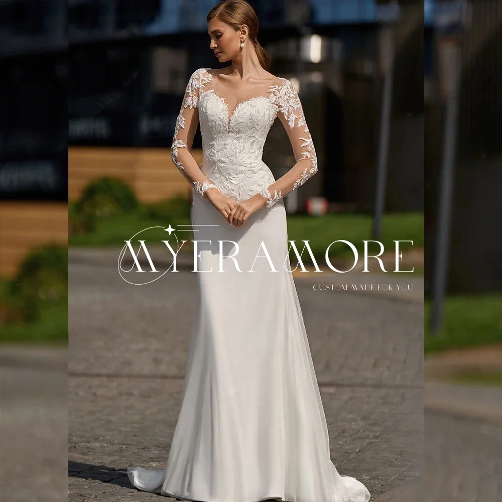 

Elegant Bridal Gowns for 2025 Long Sleeve Boat Neck Wedding Dress Applique and Mermaid Formal Wedding Bride Dress Customized