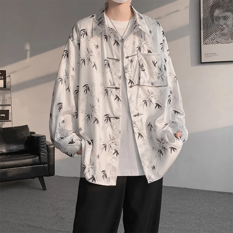 Ink Bamboo Print Long Sleeve Chinese Style Shirt Loose Fit Traditional Design for Men Versatile & Elegant Cultural Wear Clothing