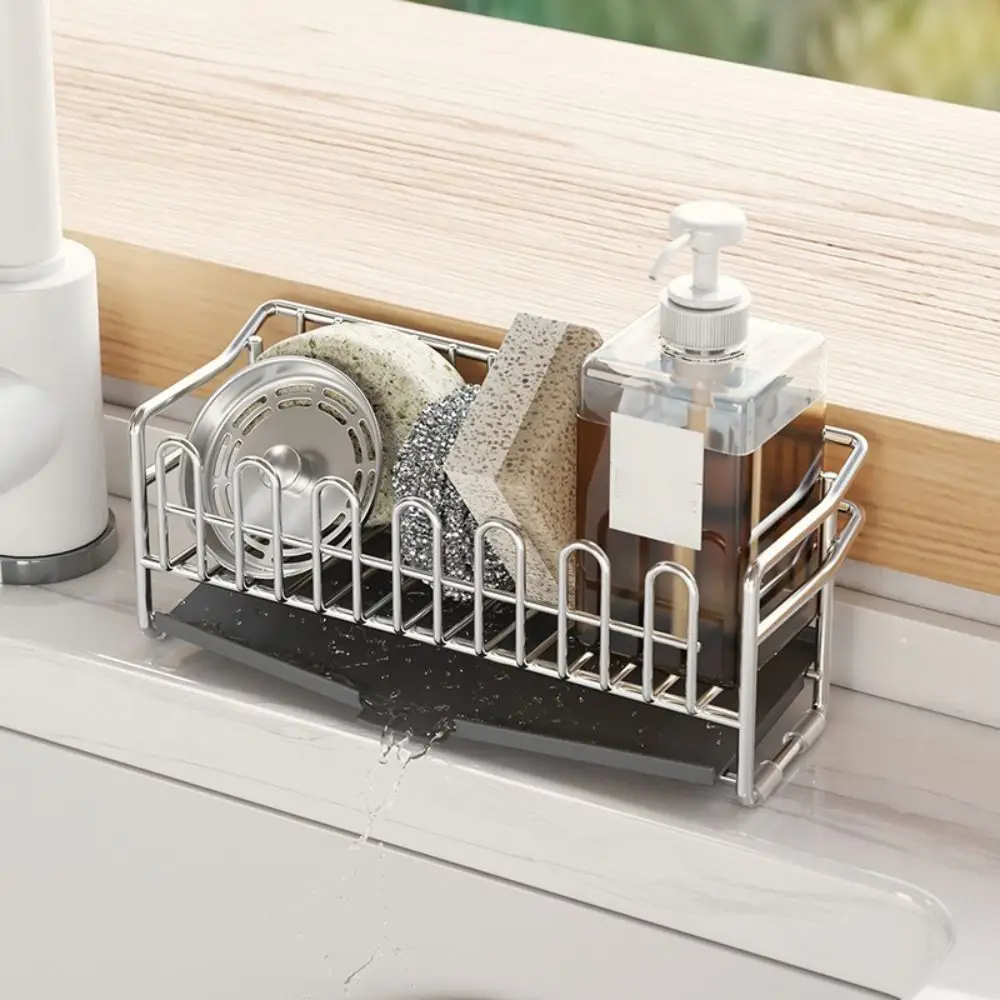 

Stainless Steel Dish Drying Rack Rust-proof Corrosion-resistant Sink Sponge Rack with Drain Tray Ventilated