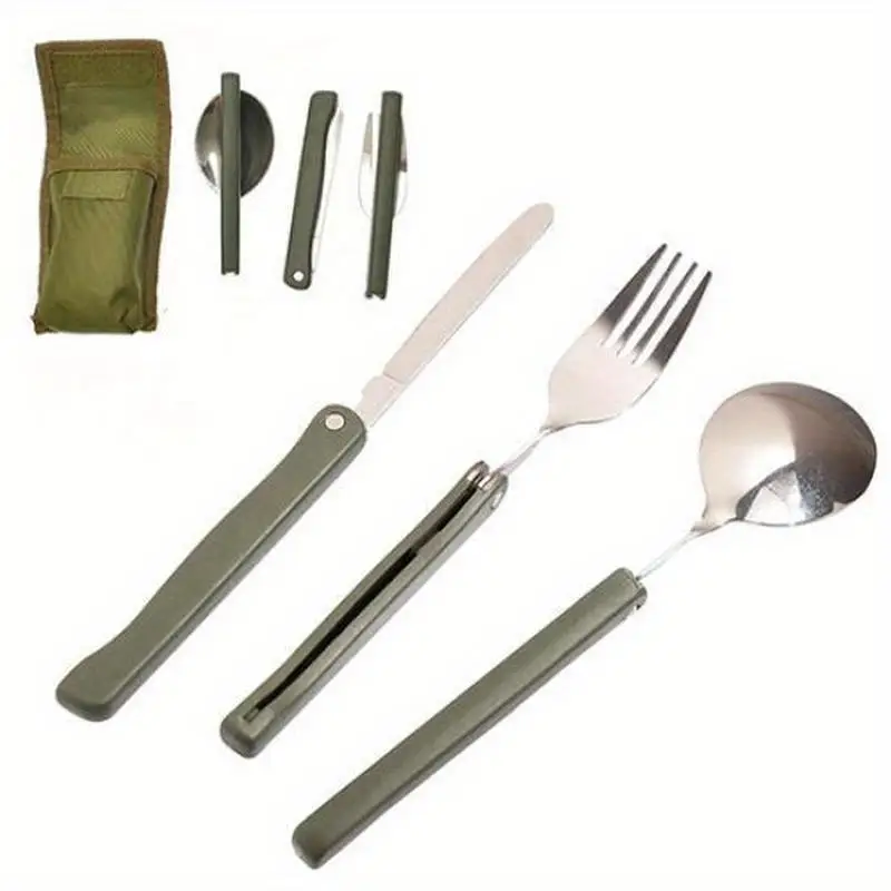 Military Green Folding Knife Outdoor Camping Tool Set with Portable Combination Tableware Bag