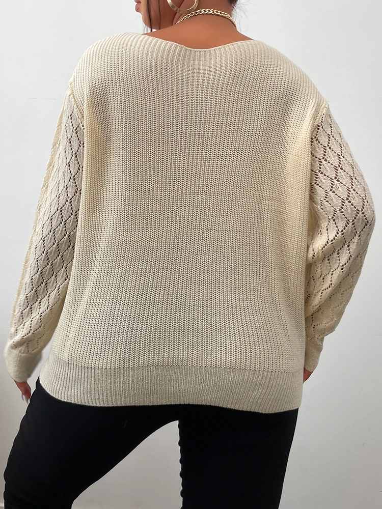 ONELINK Plus Size Women Autumn Woolen Sweater Pullover Big O Neck Argyle Knit Light Khaki Beige White Long Sleeves Large Tops