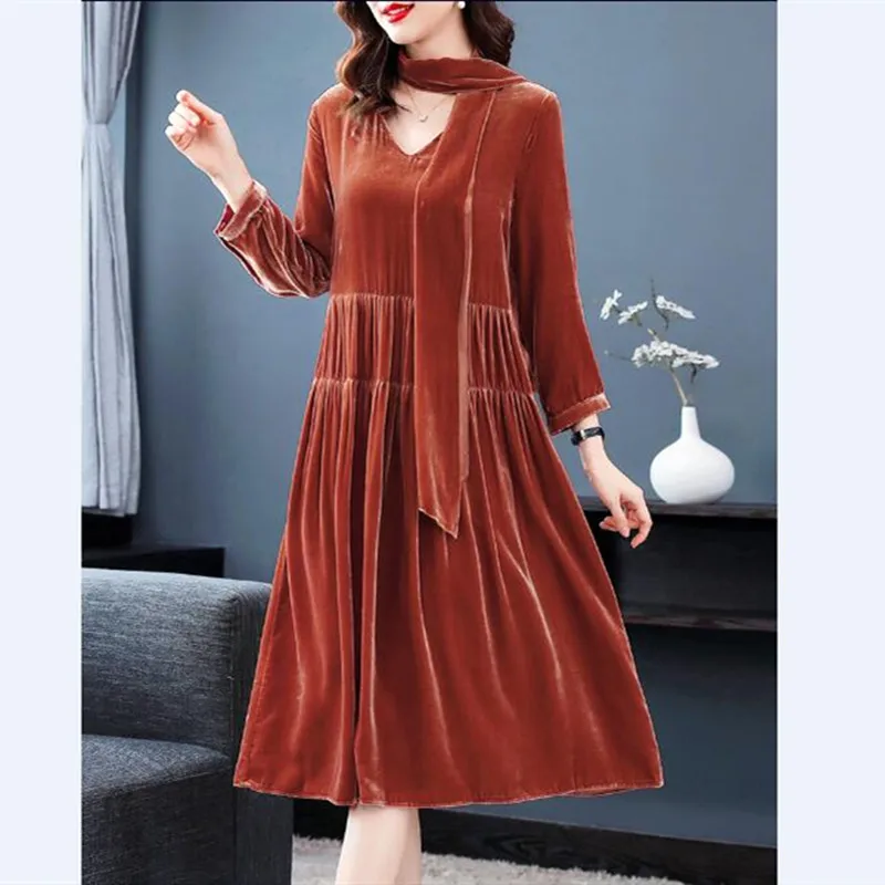 Abito invernale in velluto sexy con scollo a V a maniche lunghe Abito primaverile in velluto da donna con volant pieghettato, abito da festa autunnale abiti da festa
