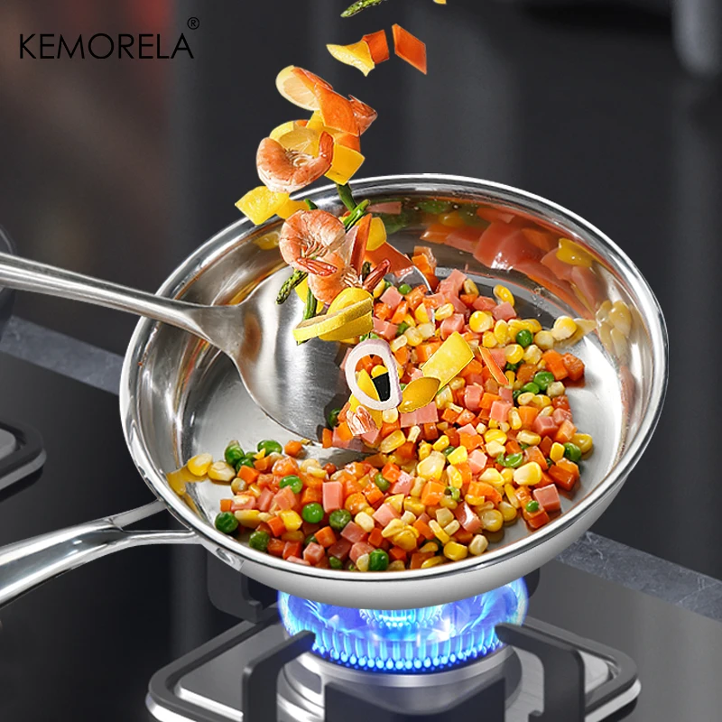 304 Stainless Steel Frying Pan Bright Surface Uncoated Skillet Three-layer Composite Steel Frying Pan Multiple Sizes Available