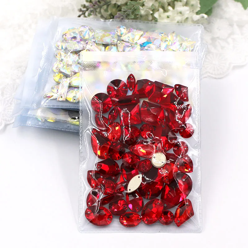 52Pcs/Bag Mixed Shape Flat Bottom Hand-sewn Double Hole K9 Crystal Glass High Quality Sew On Rhinestones DIY Apparel Accessories