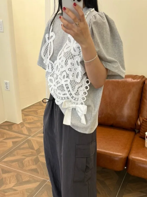 

Романтическая футболка с жемчужным кружевом, женская летняя новая футболка Sle Ele, корейский свободный цвет