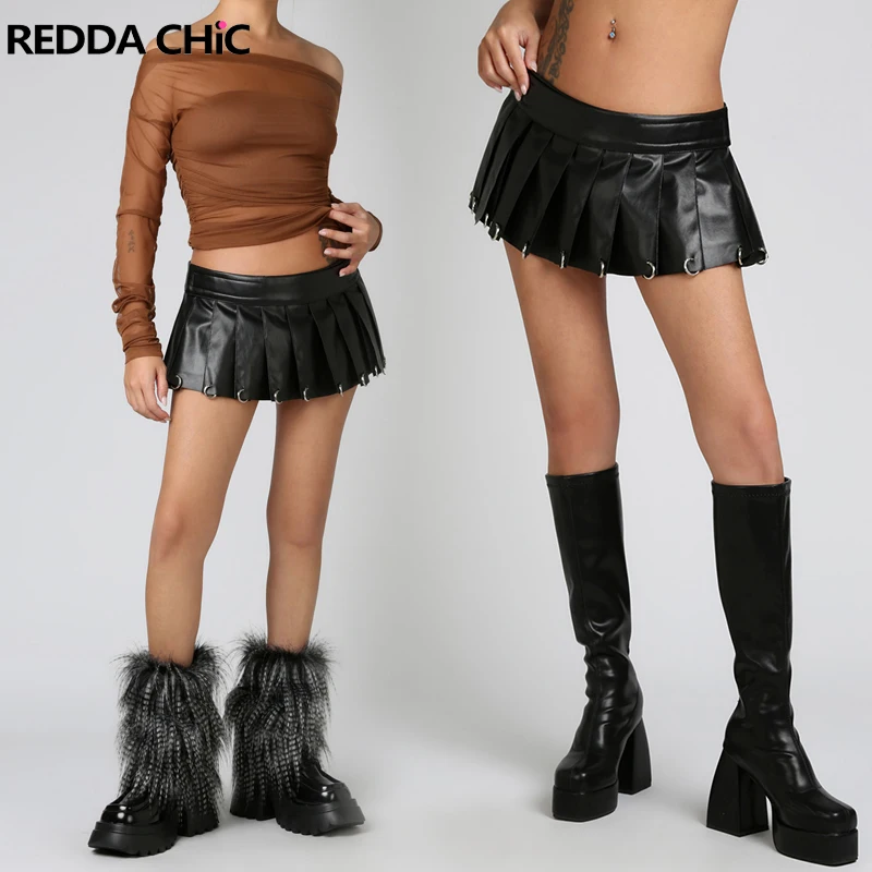 REDDACHiC Velcro-fastening Leather Wrap Skirt Women Solid Back Slit Rings Pleated Pleated Mini Skirt Night Out Y2k Streetwear