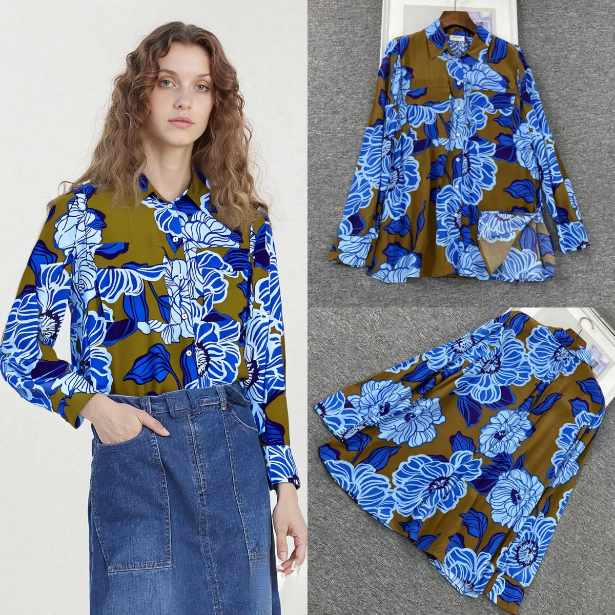 

Foreign trade European and American contrasting printed loose long sleeved shirt for women's casual and lightweight