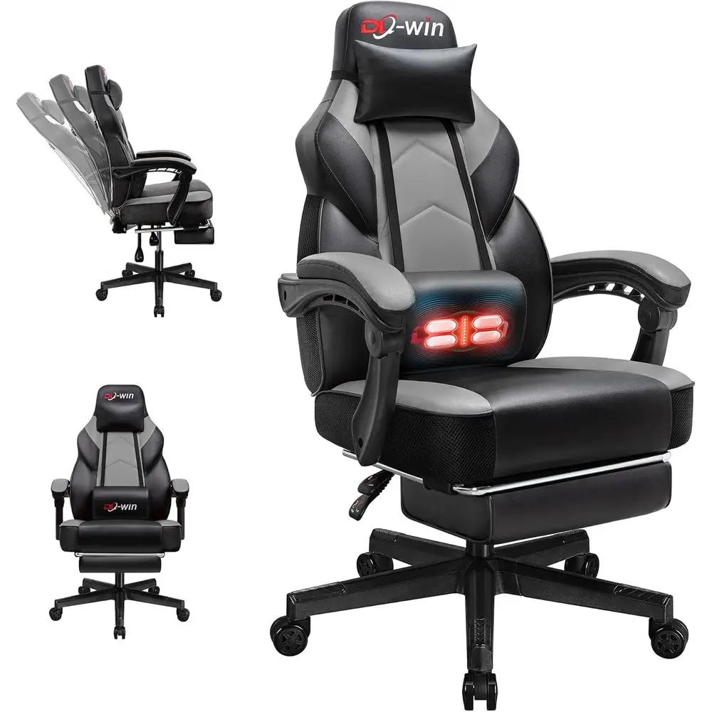Silla de juego grande y alta con respaldo alto y masaje, 360 ° Giratorio, Gris