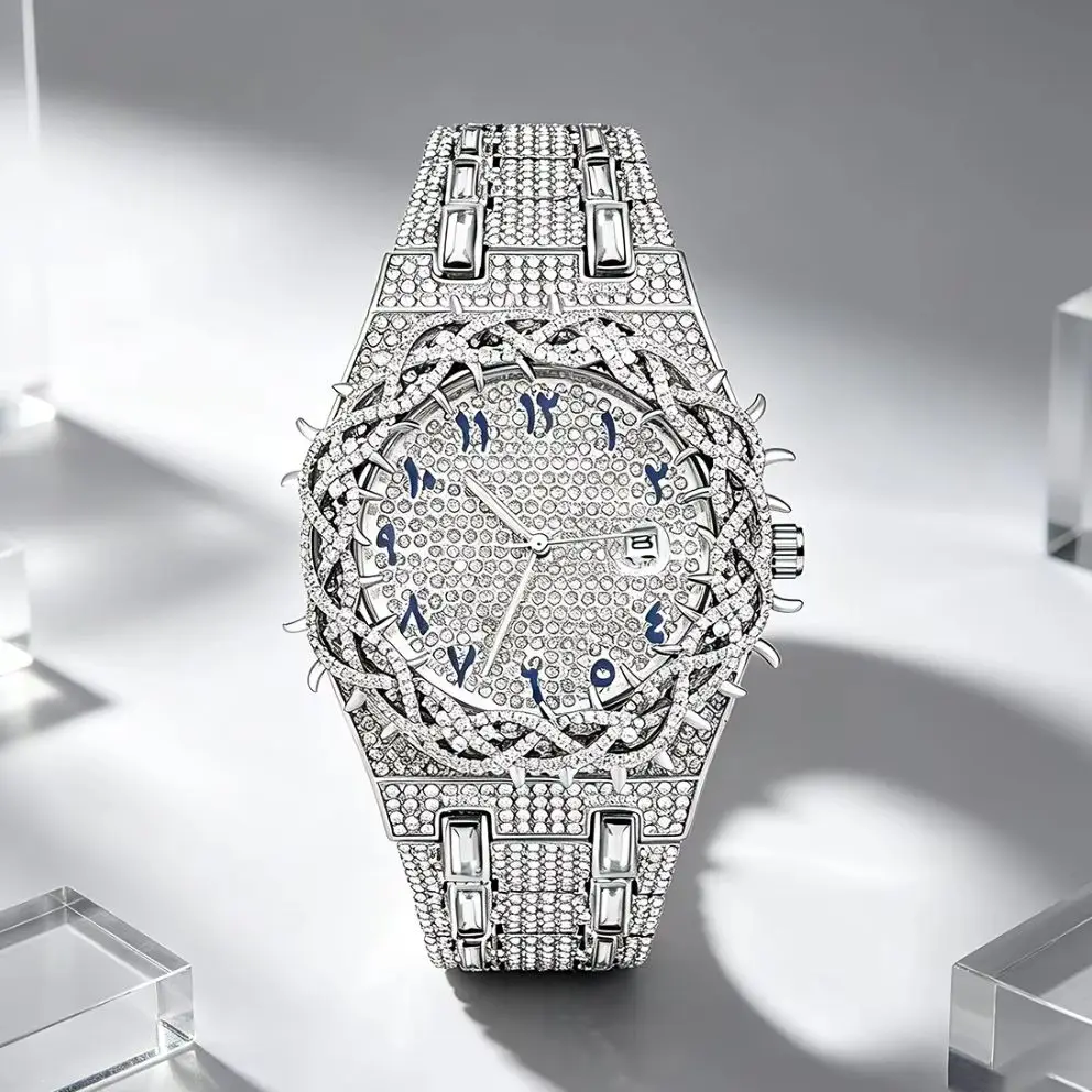 Luxury Crystal Diamond Watch for Men Iced Out Bling Quartz Wristwatch Unique Thorns Frame Design Arabic Numerals Dial Date Clock