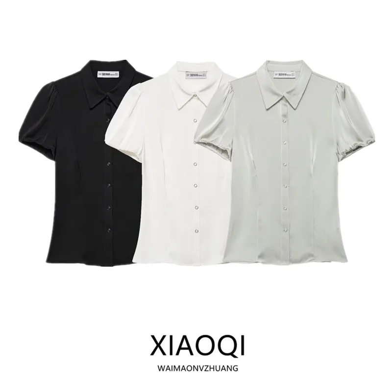 

Spring Summer 2026 Women's Fashion Design Stand Collar Bubble Sleeve Shirt Quality Material Commute Style Short Sleeve Shirt