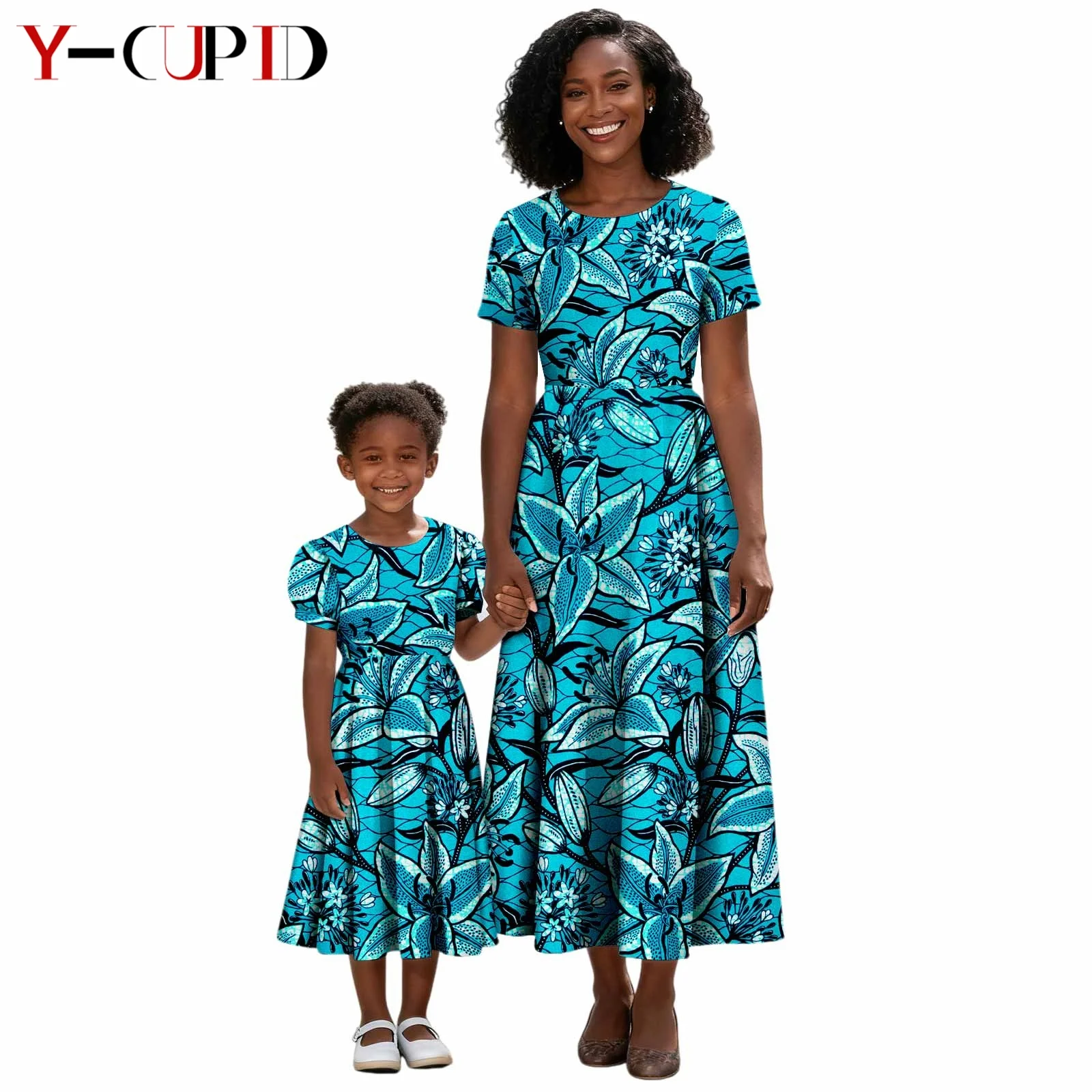 

African Print Dresses for Women Girls Dashiki Mother Daughter Outfits Vestidos Family Clothes Summer Short Sleeve Dress 25F032