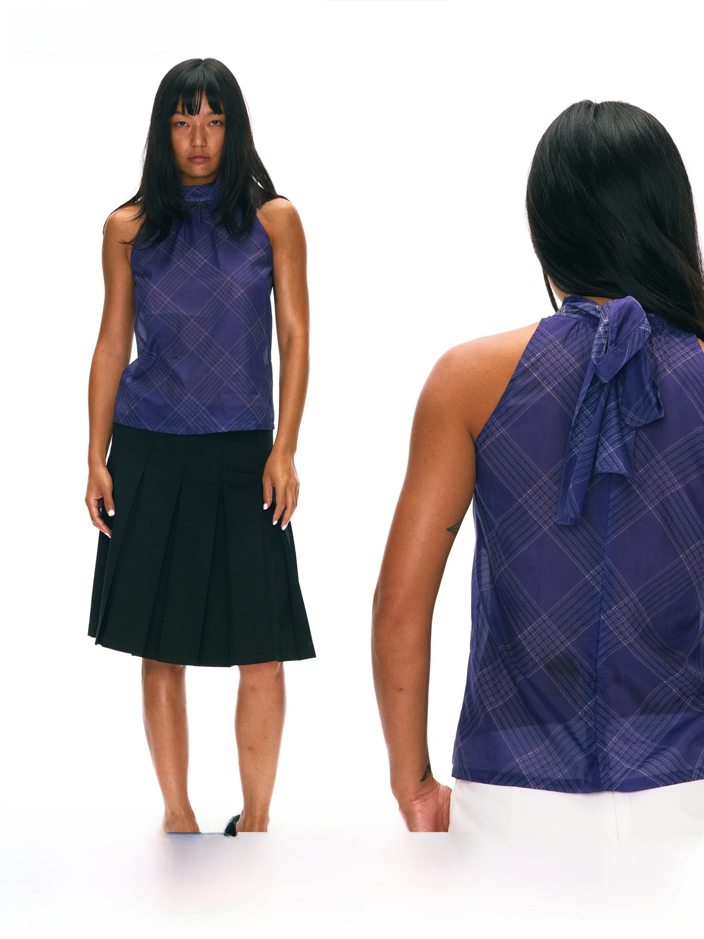 

Blue Purple Plaid Stand Collar Ruffle Svel irt Casual Loose Fit Silk Cotton Blend Breathable Summer Women's irt