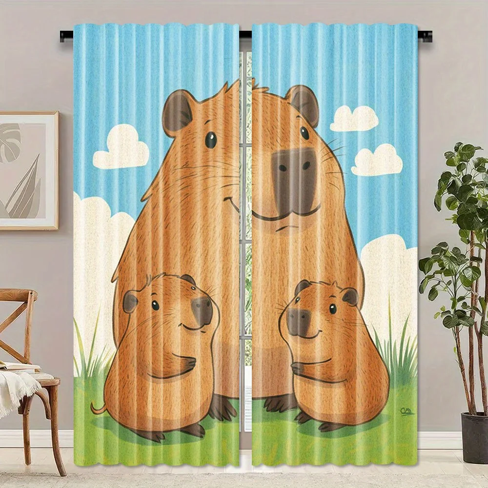 Cute Capybara Curtain Cartoon Animal Family Window Drape Funny Rodent Decor for Kids Room Blue Sky Grassland Home Textile Fabric