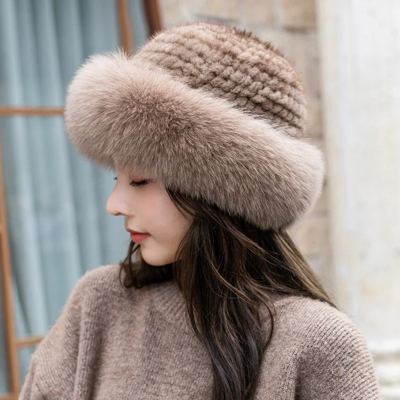 New Women's Woven Hat Thickened Mink Hair Fisherman Hat Winter Real Fur Princess Top Hat Outdoor Casual Ear Protection Hat