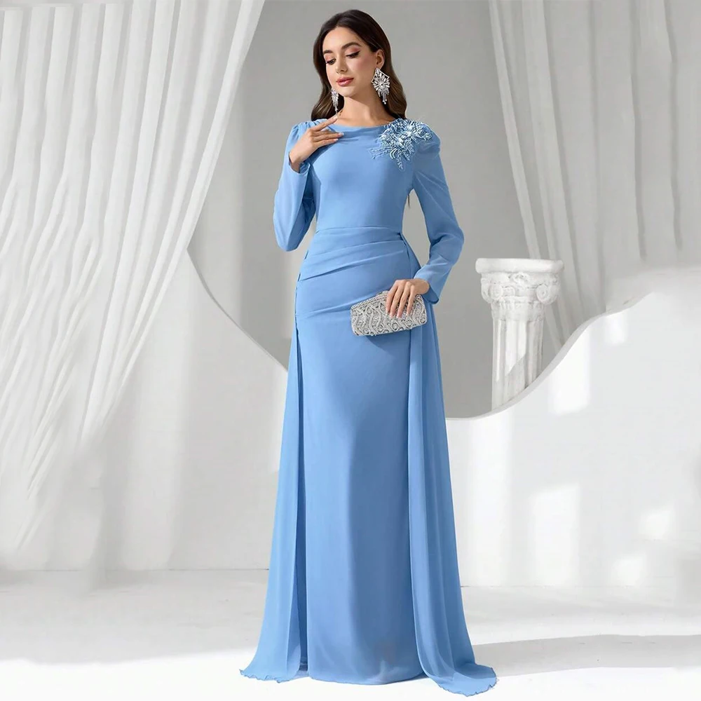 

Arya Classic Sky Blue Evening Dresses Chiffon for Floor-Length O-Neck Prom Dress Appliques Beading Vestidos De Fiesta Customized