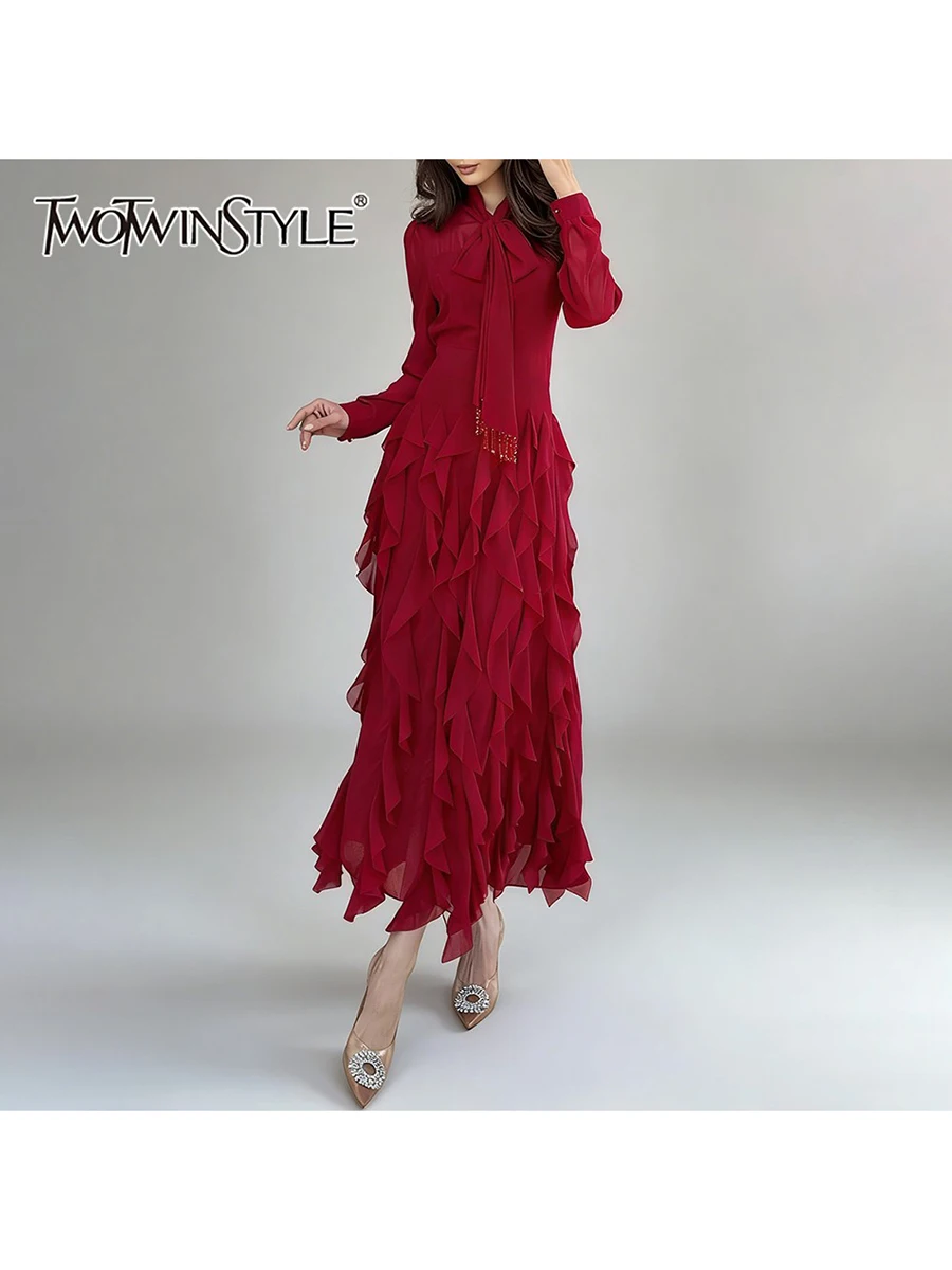 

TWOTWINSTYLE Solid Sheer Spliced Fungus Folds Elegant Dresses for Women Stand Neck Long Sleeves Tunic Patchwork Bow Dress Female